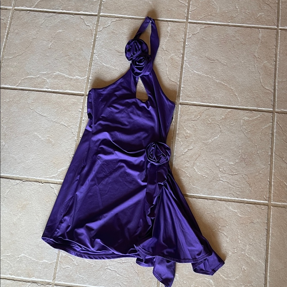 Revolve Superdown Purple Halter Cocktail Dress with Rosette Accents